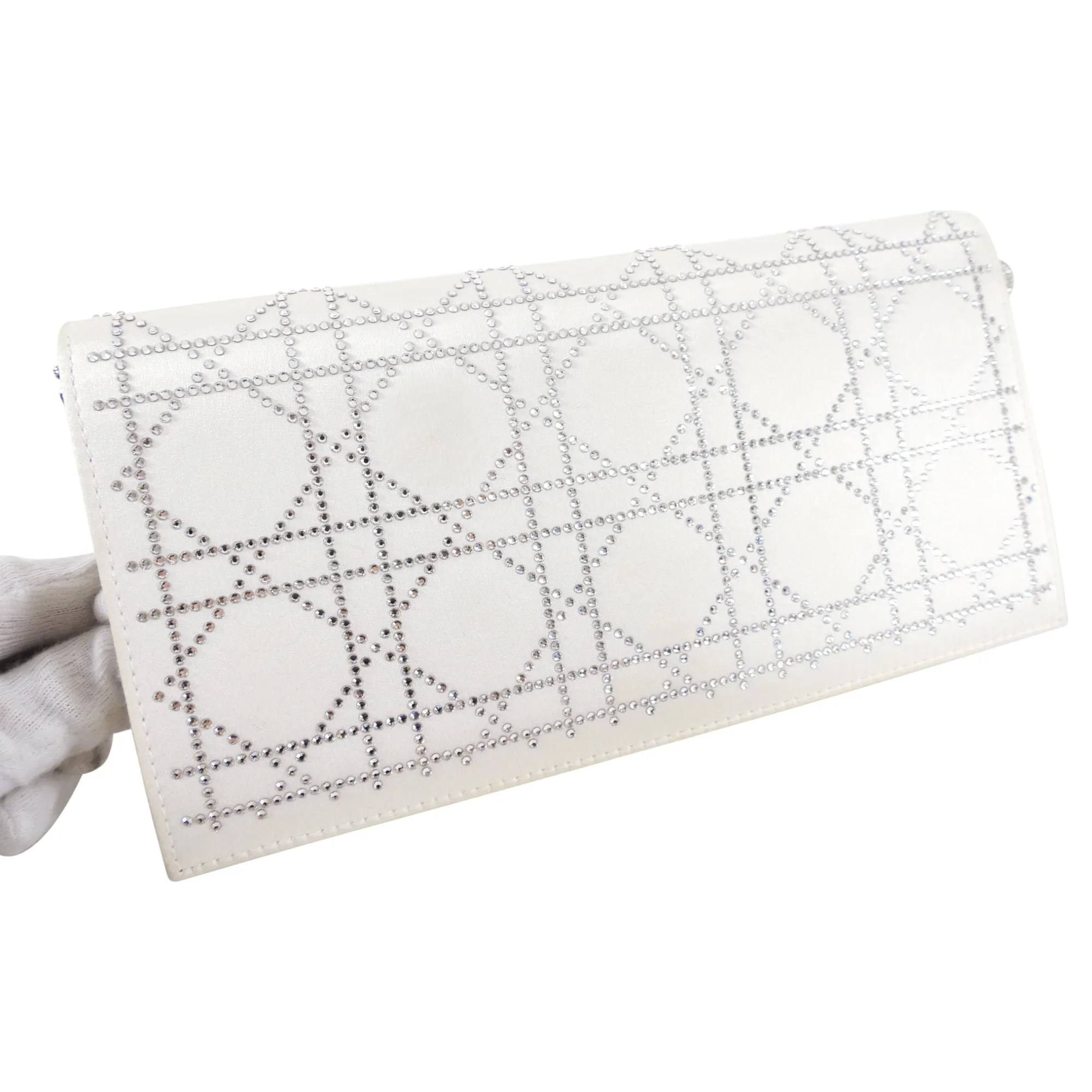 Dior Cannage Crystal Strass White Satin Clutch Shoulder Bag