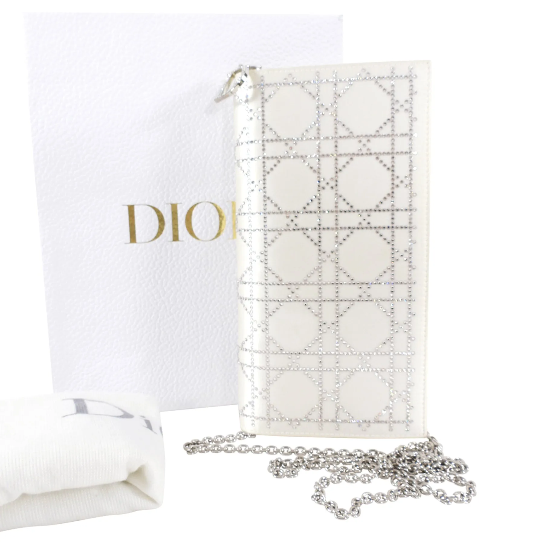 Dior Cannage Crystal Strass White Satin Clutch Shoulder Bag