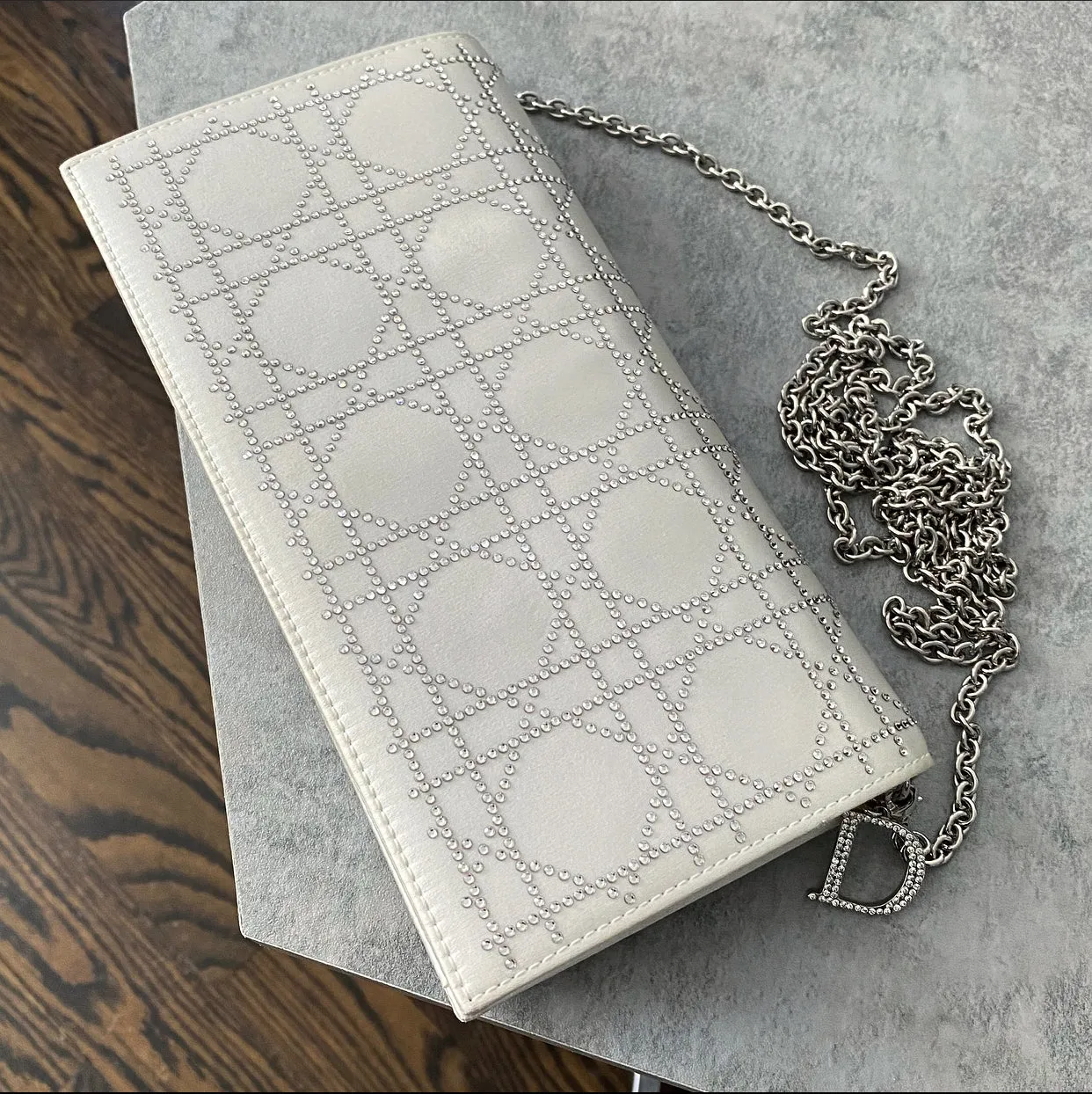 Dior Cannage Crystal Strass White Satin Clutch Shoulder Bag