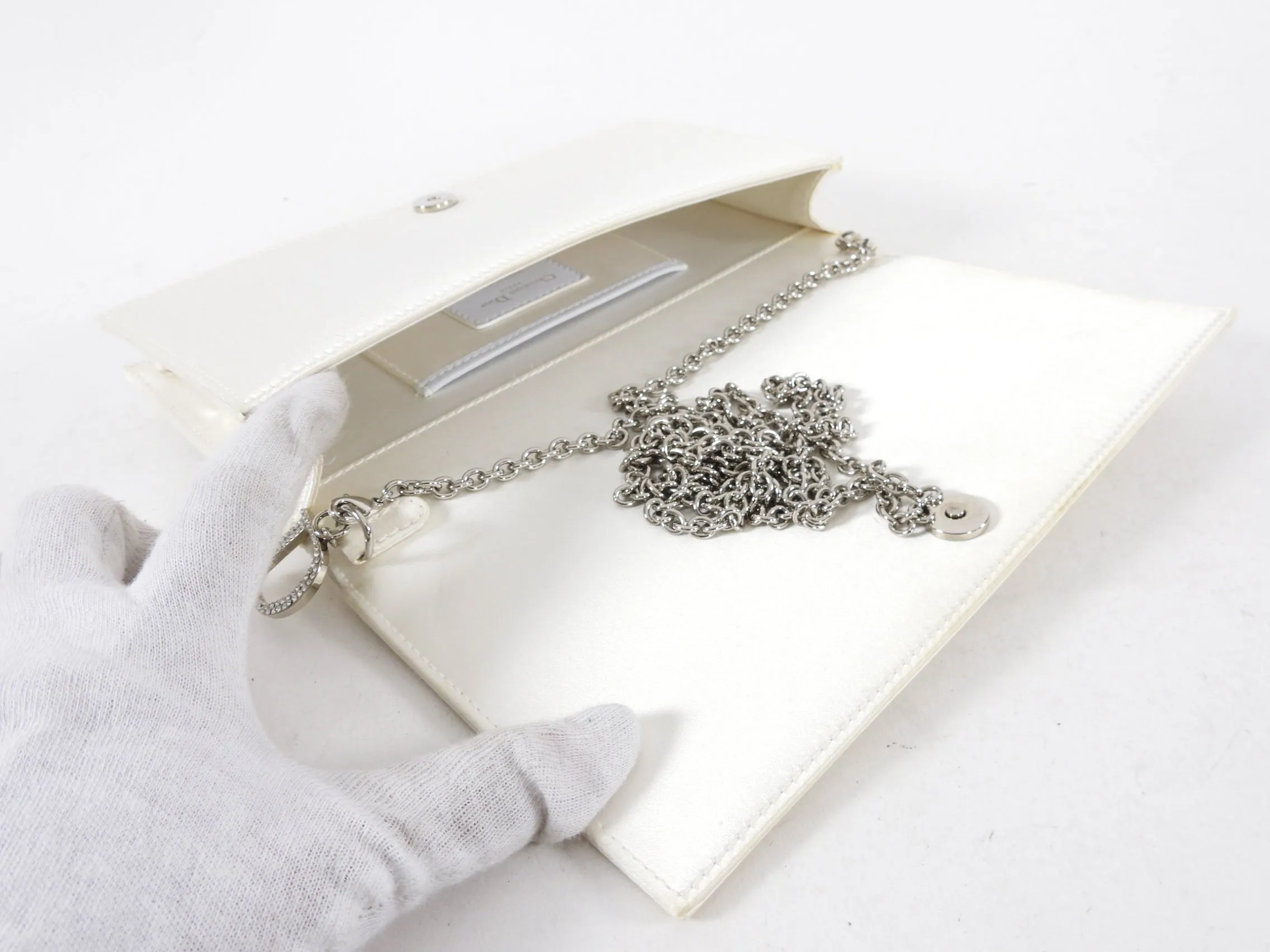 Dior Cannage Crystal Strass White Satin Clutch Shoulder Bag
