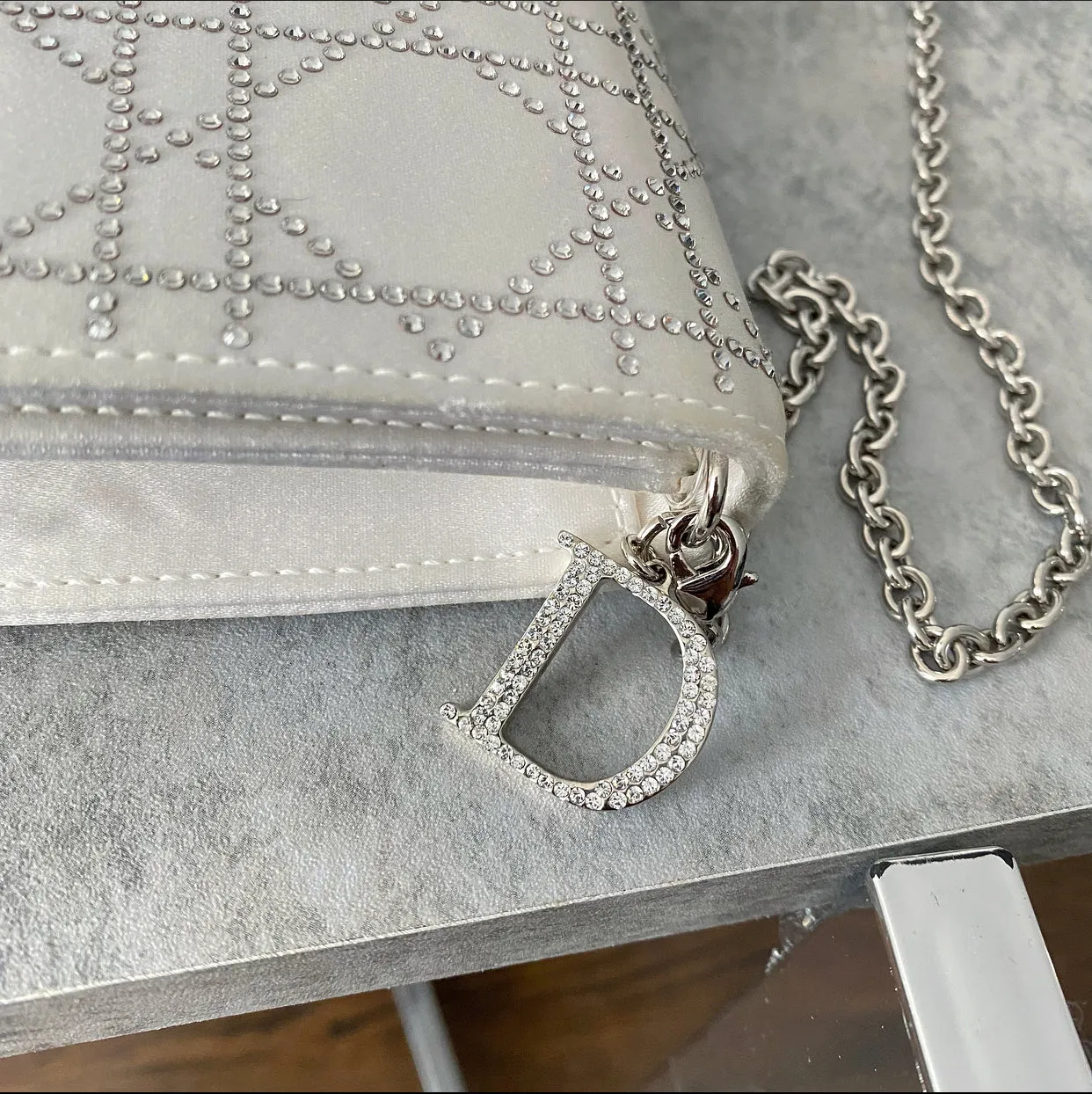 Dior Cannage Crystal Strass White Satin Clutch Shoulder Bag