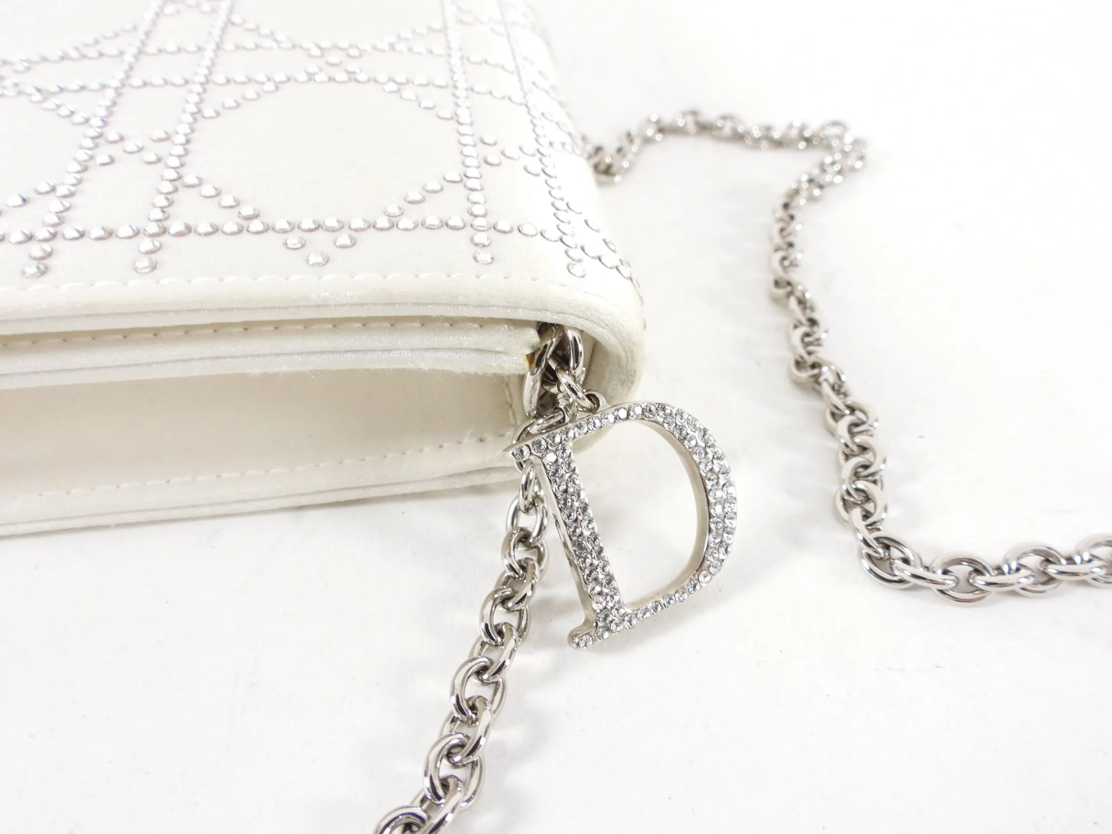 Dior Cannage Crystal Strass White Satin Clutch Shoulder Bag