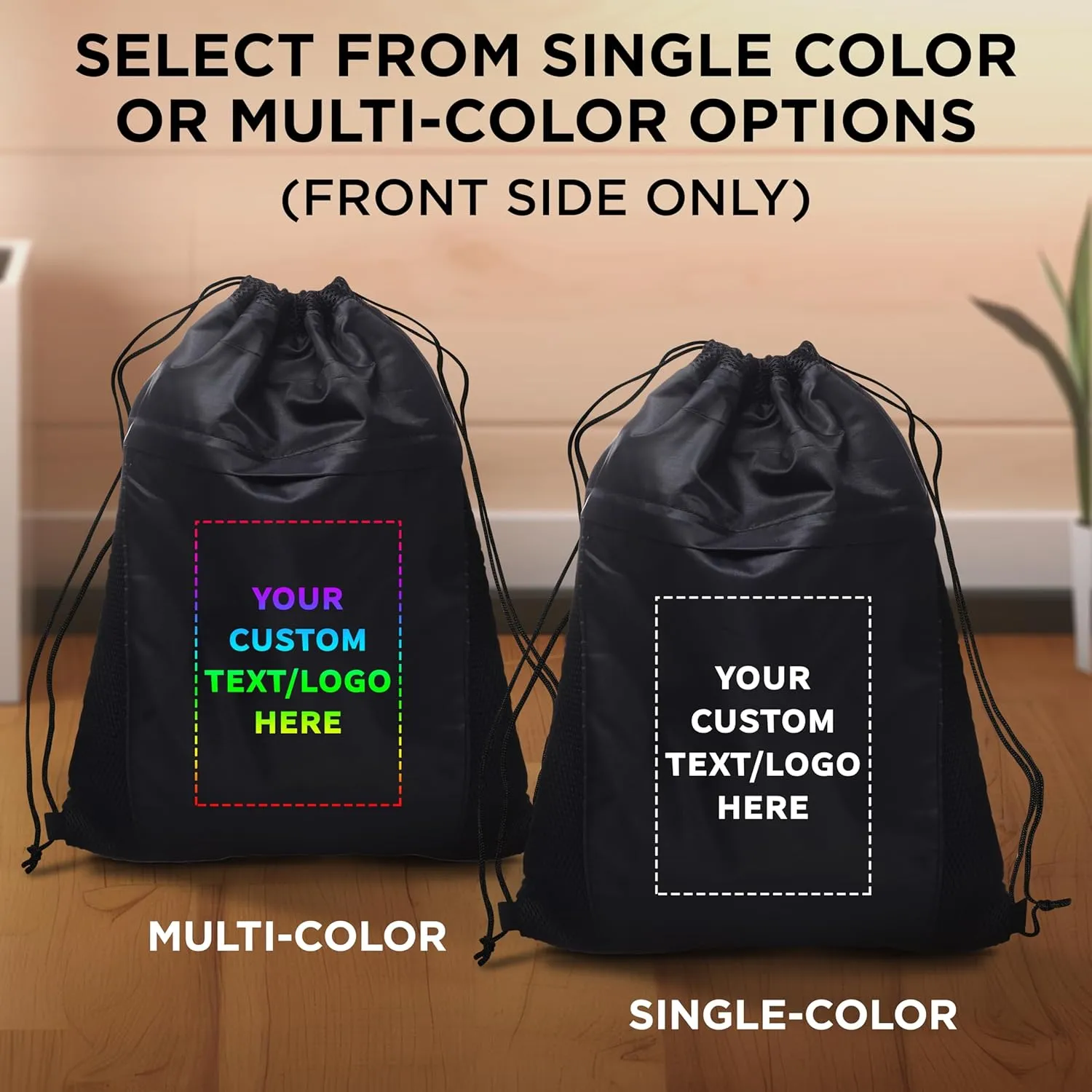 DISCOUNT PROMOS 10 Mesh Accent Drawstring Backpacks Set - Customizable Text, Logo - Two Tone, Front Pocket, Side Mesh - Black