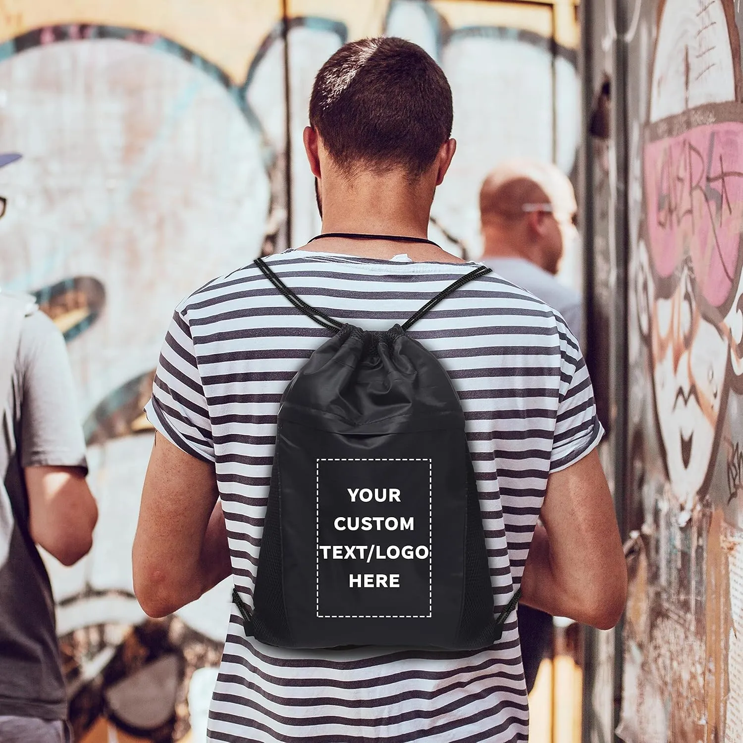 DISCOUNT PROMOS 10 Mesh Accent Drawstring Backpacks Set - Customizable Text, Logo - Two Tone, Front Pocket, Side Mesh - Black