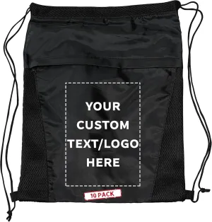 DISCOUNT PROMOS 10 Mesh Accent Drawstring Backpacks Set - Customizable Text, Logo - Two Tone, Front Pocket, Side Mesh - Black