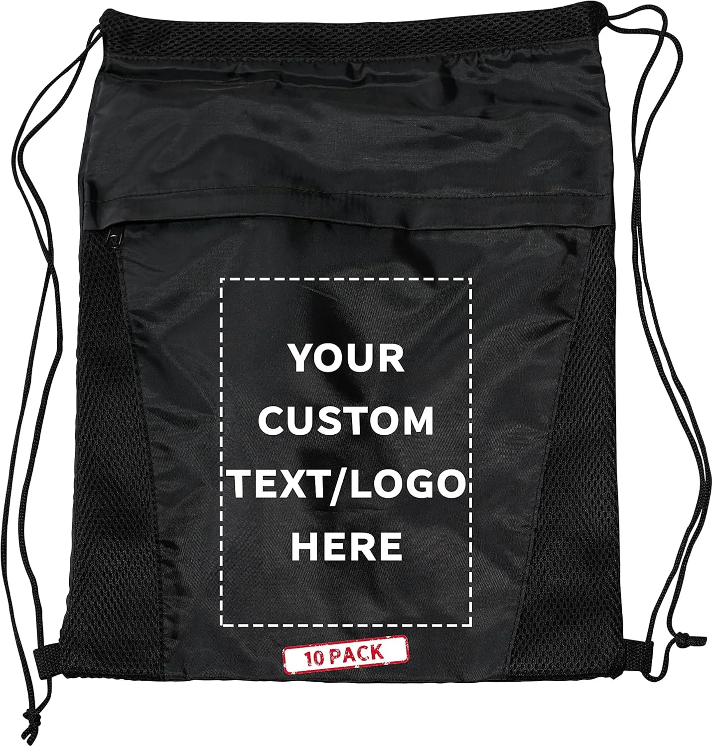 DISCOUNT PROMOS 10 Mesh Accent Drawstring Backpacks Set - Customizable Text, Logo - Two Tone, Front Pocket, Side Mesh - Black