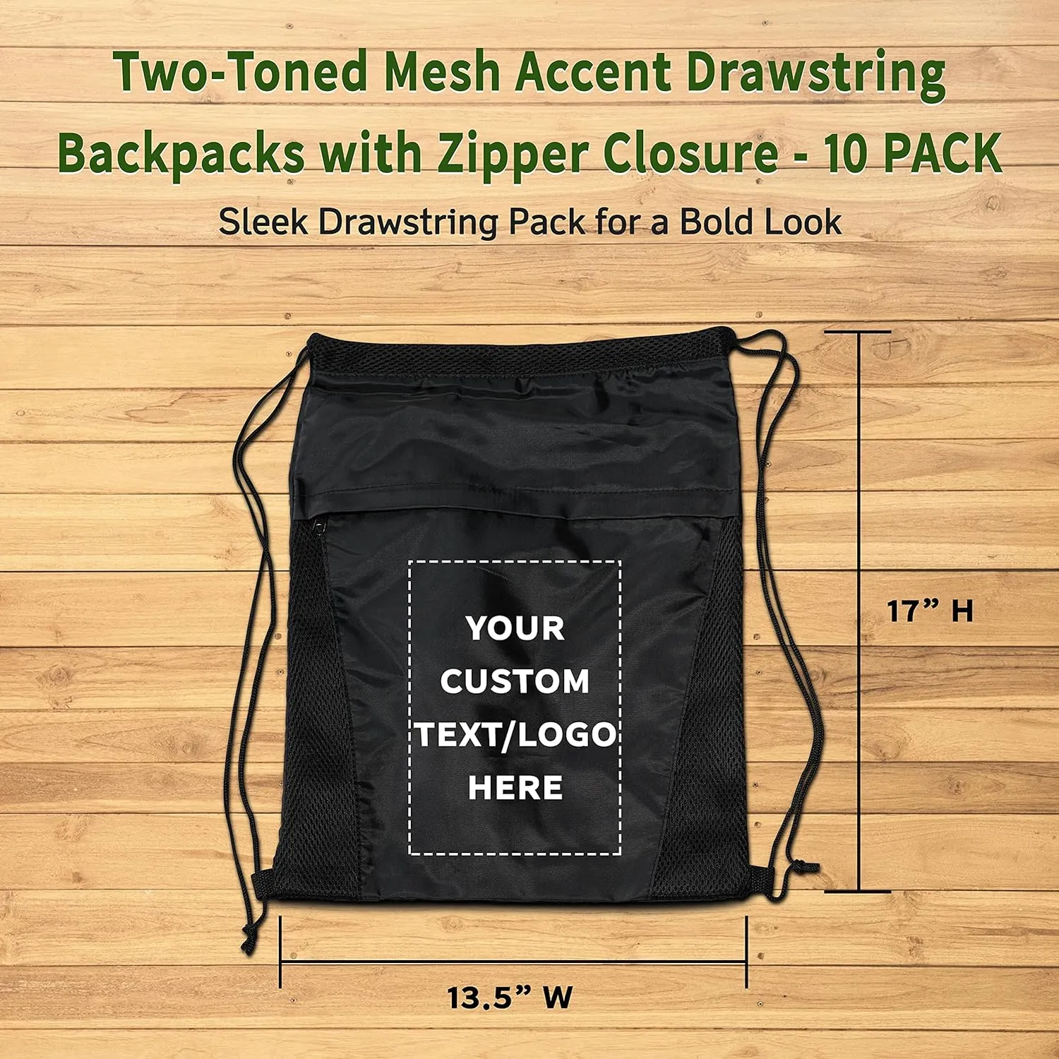 DISCOUNT PROMOS 10 Mesh Accent Drawstring Backpacks Set - Customizable Text, Logo - Two Tone, Front Pocket, Side Mesh - Black