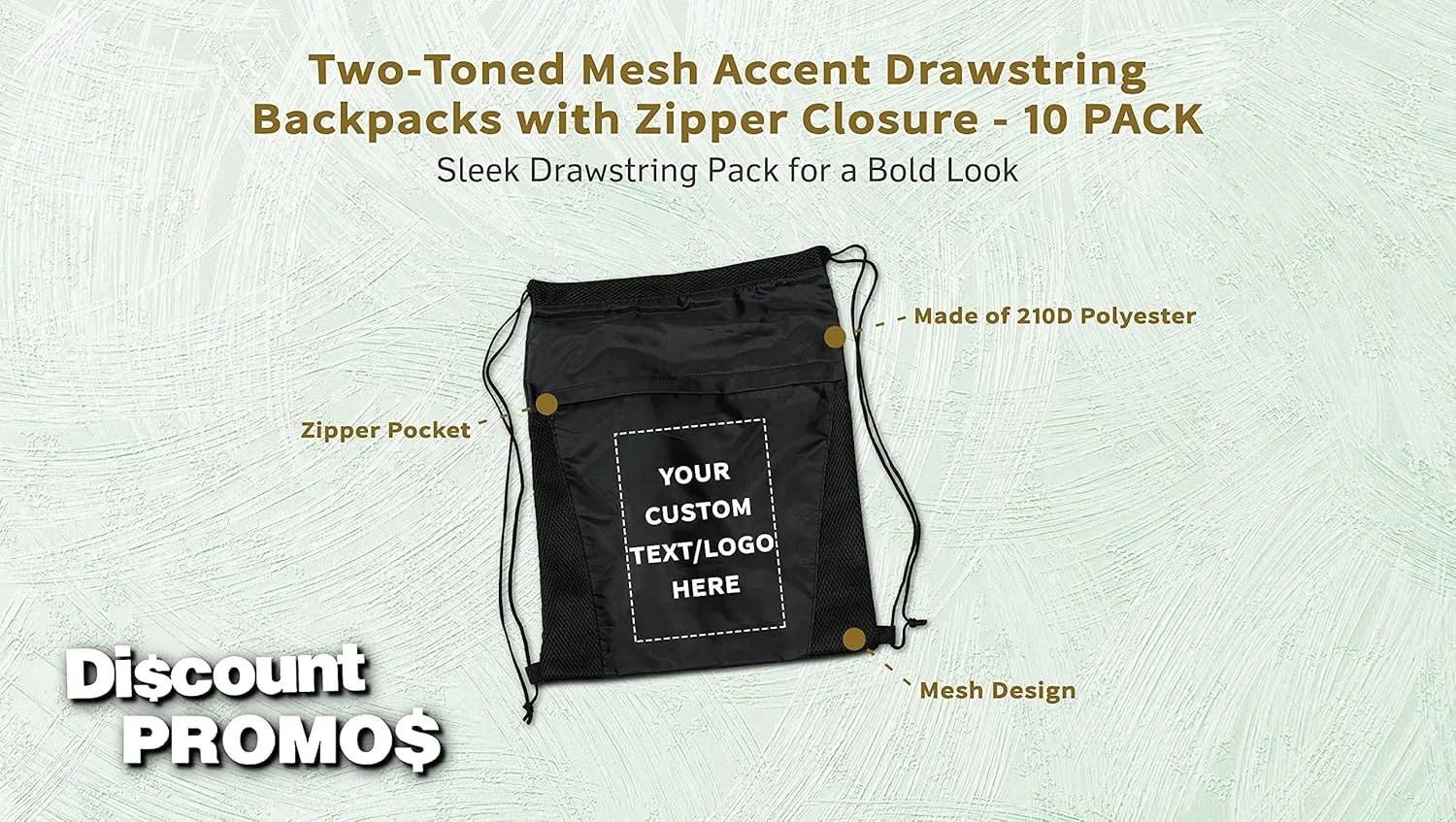 DISCOUNT PROMOS 10 Mesh Accent Drawstring Backpacks Set - Customizable Text, Logo - Two Tone, Front Pocket, Side Mesh - Black