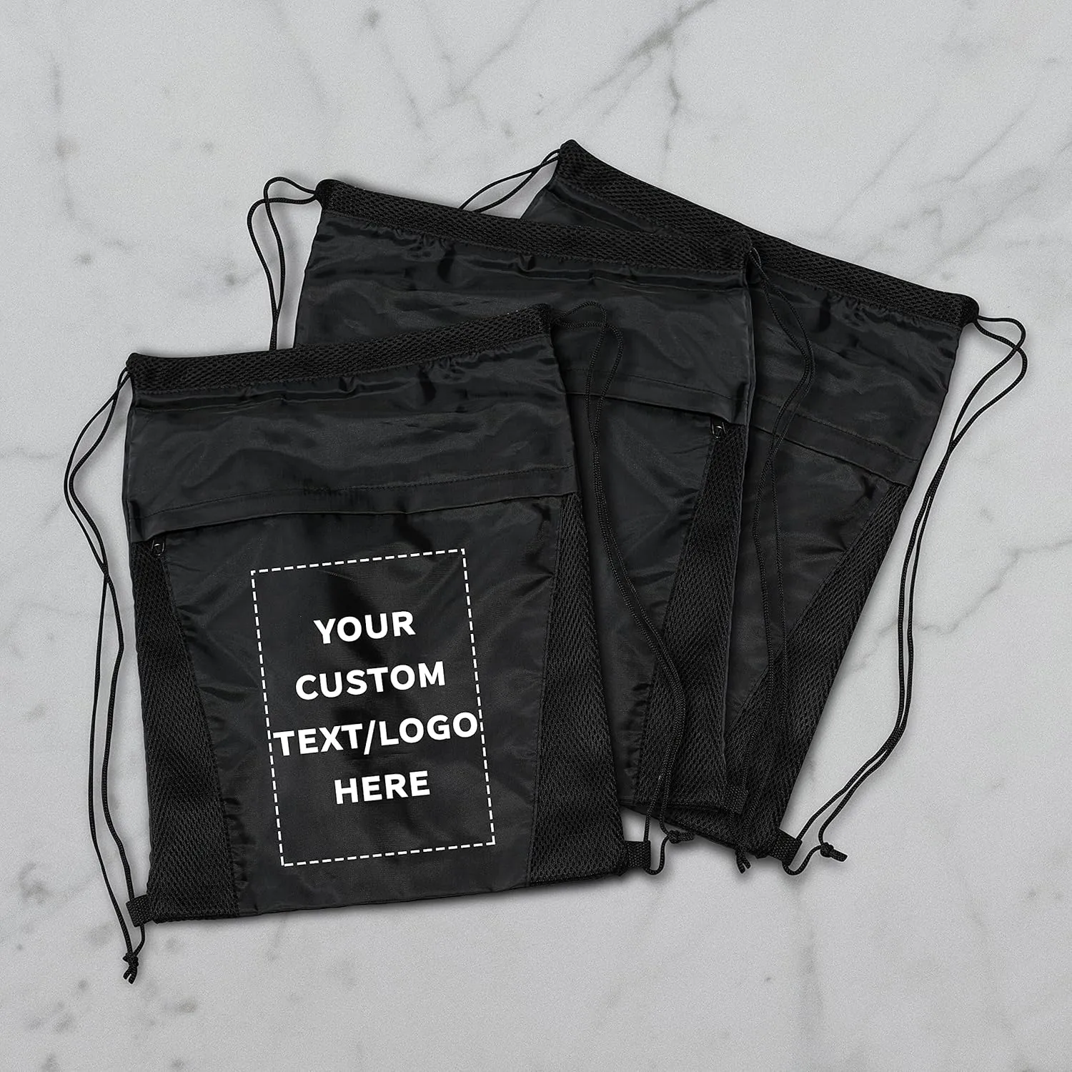 DISCOUNT PROMOS 10 Mesh Accent Drawstring Backpacks Set - Customizable Text, Logo - Two Tone, Front Pocket, Side Mesh - Black