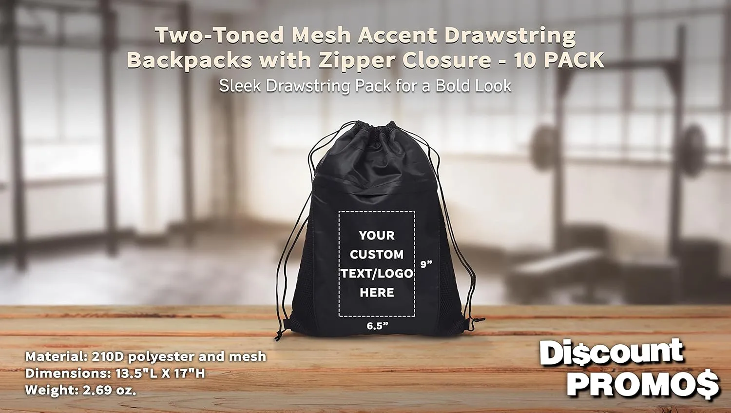 DISCOUNT PROMOS 10 Mesh Accent Drawstring Backpacks Set - Customizable Text, Logo - Two Tone, Front Pocket, Side Mesh - Black