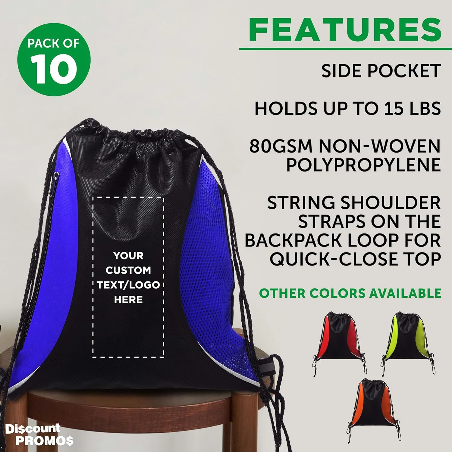 DISCOUNT PROMOS 10 Zipper Side Drawstring Backpacks Set - Customizable Text, Logo - Two tone, Minimalist, Black Ink - Blue