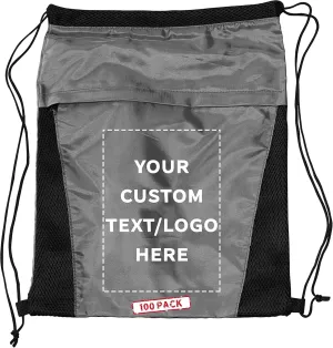 DISCOUNT PROMOS 100 Mesh Accent Drawstring Backpacks Set - Customizable Text, Logo -Two Tone, Front Pocket, Side Mesh - Grey