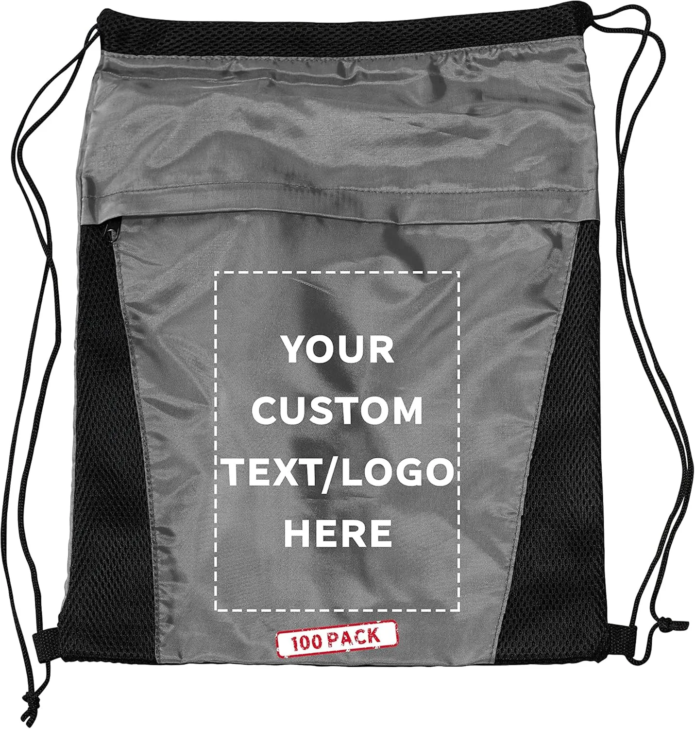 DISCOUNT PROMOS 100 Mesh Accent Drawstring Backpacks Set - Customizable Text, Logo -Two Tone, Front Pocket, Side Mesh - Grey