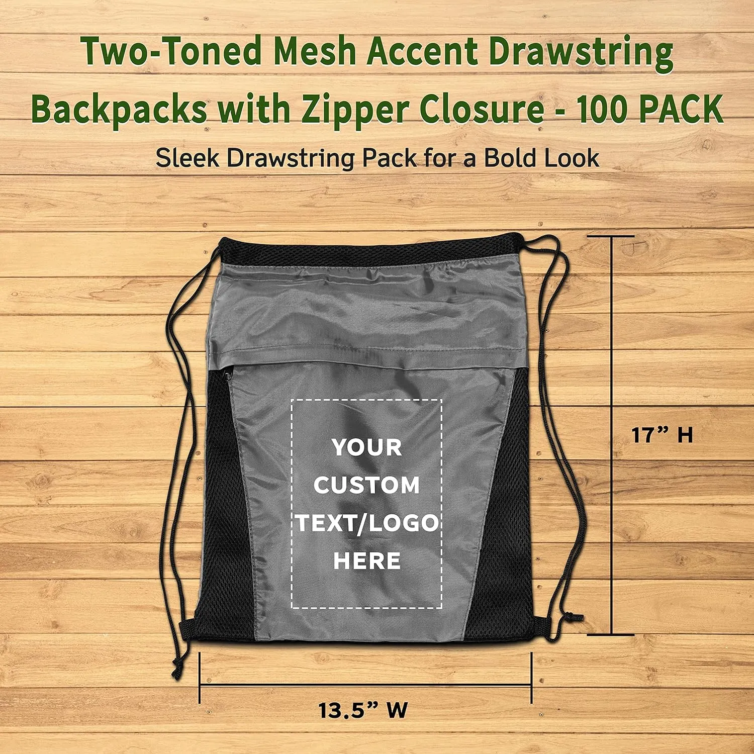 DISCOUNT PROMOS 100 Mesh Accent Drawstring Backpacks Set - Customizable Text, Logo -Two Tone, Front Pocket, Side Mesh - Grey