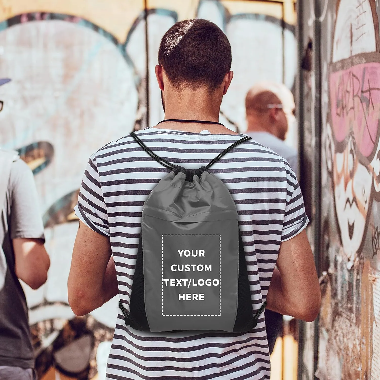 DISCOUNT PROMOS 100 Mesh Accent Drawstring Backpacks Set - Customizable Text, Logo -Two Tone, Front Pocket, Side Mesh - Grey