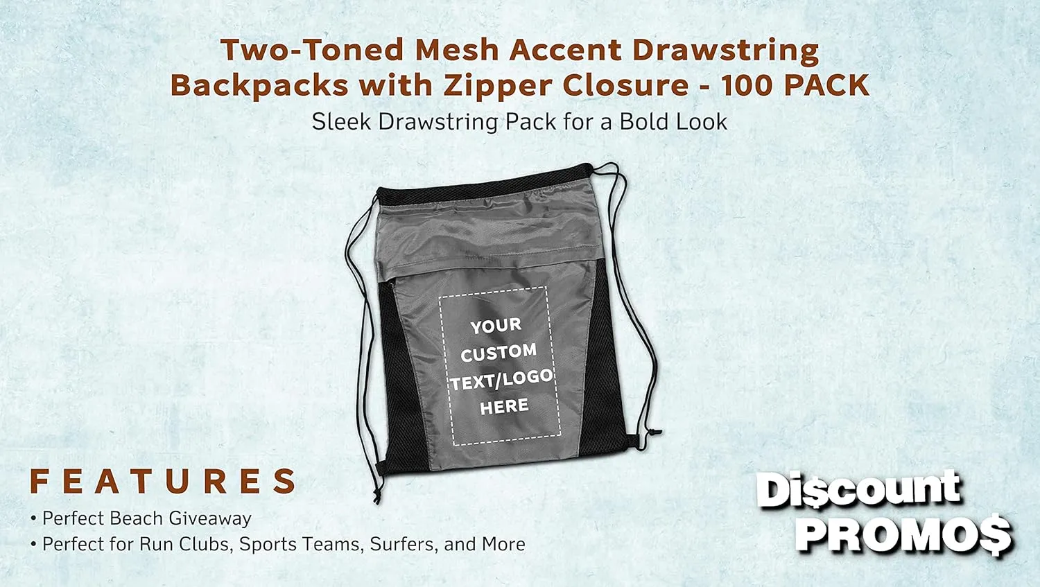 DISCOUNT PROMOS 100 Mesh Accent Drawstring Backpacks Set - Customizable Text, Logo -Two Tone, Front Pocket, Side Mesh - Grey
