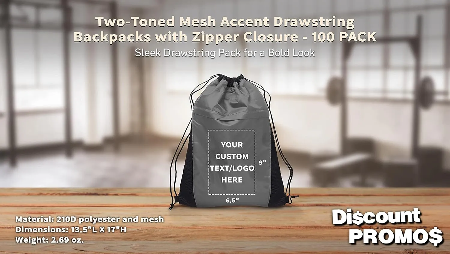 DISCOUNT PROMOS 100 Mesh Accent Drawstring Backpacks Set - Customizable Text, Logo -Two Tone, Front Pocket, Side Mesh - Grey