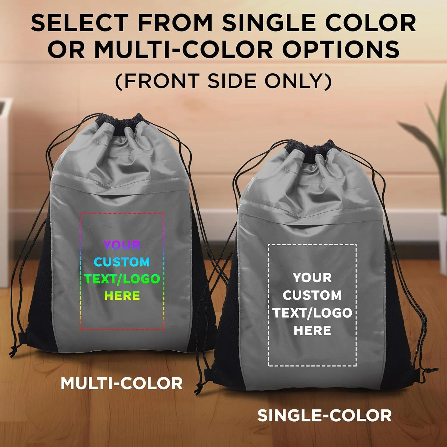 DISCOUNT PROMOS 100 Mesh Accent Drawstring Backpacks Set - Customizable Text, Logo -Two Tone, Front Pocket, Side Mesh - Grey