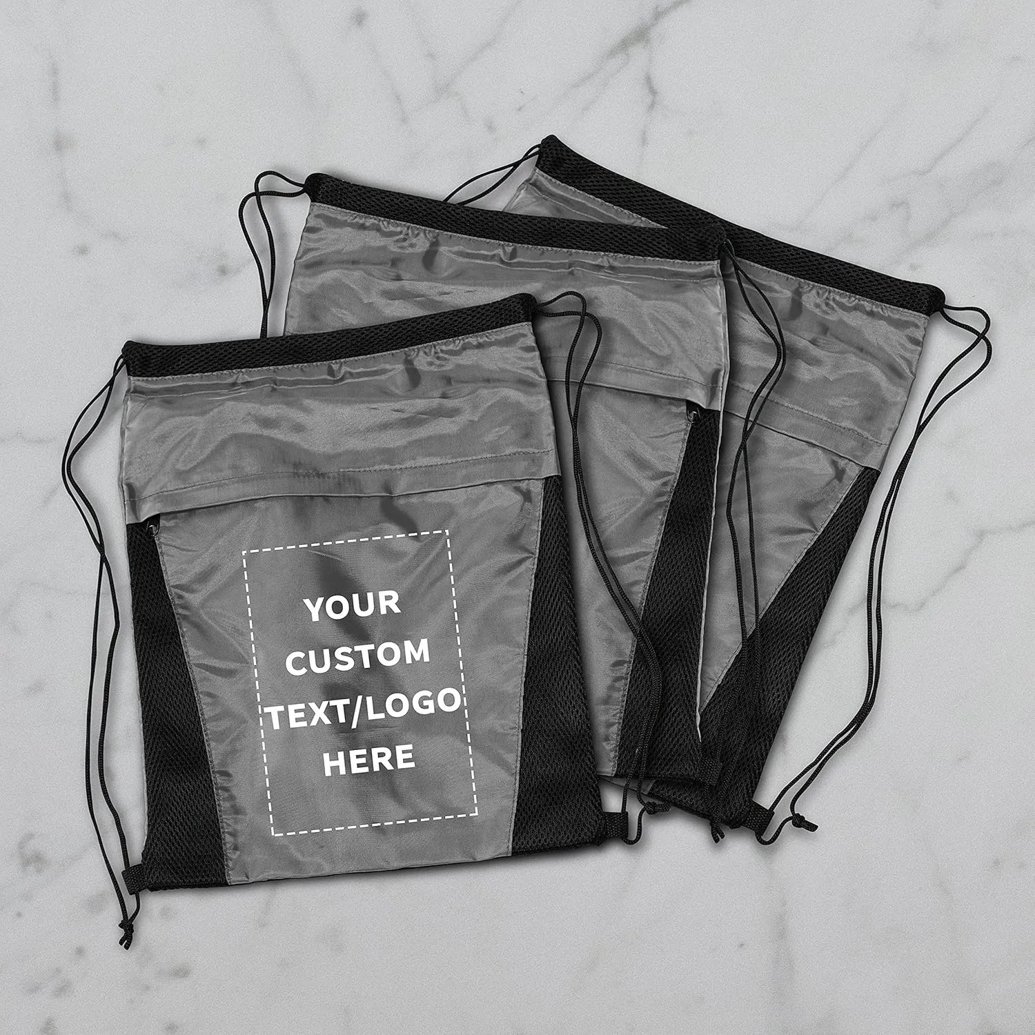 DISCOUNT PROMOS 100 Mesh Accent Drawstring Backpacks Set - Customizable Text, Logo -Two Tone, Front Pocket, Side Mesh - Grey