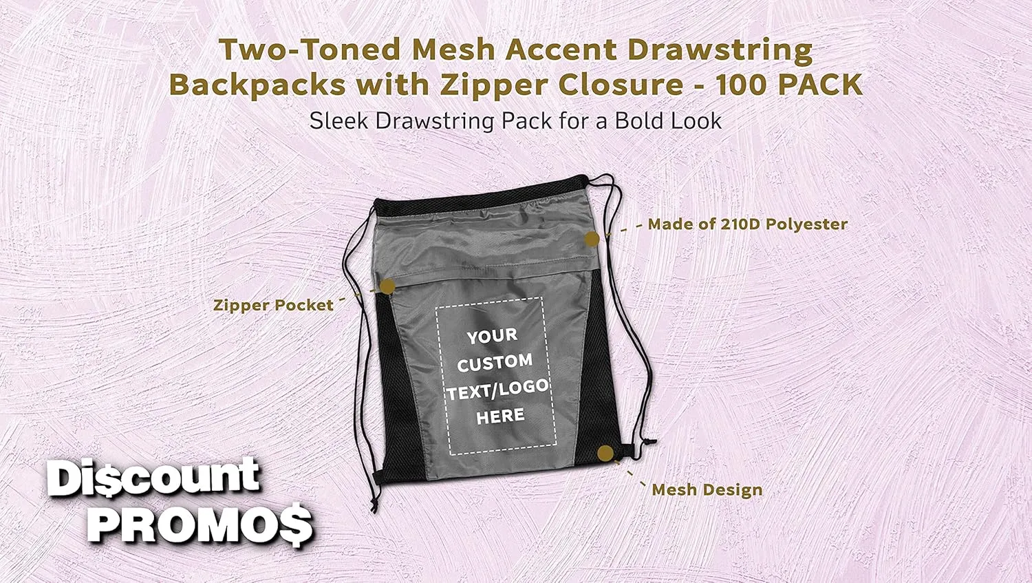 DISCOUNT PROMOS 100 Mesh Accent Drawstring Backpacks Set - Customizable Text, Logo -Two Tone, Front Pocket, Side Mesh - Grey