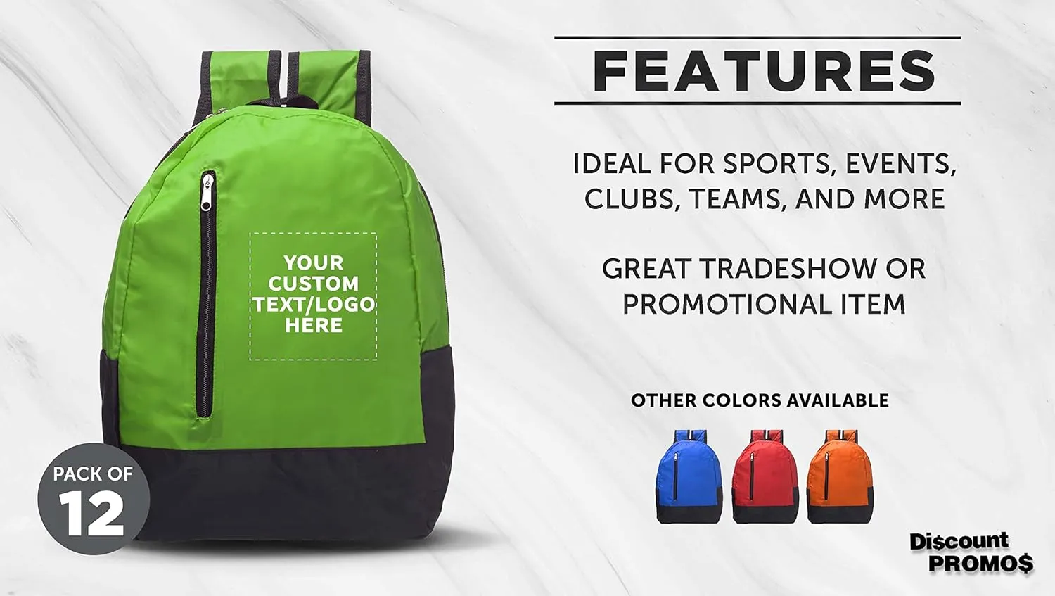 DISCOUNT PROMOS 12 Quick Zip Backpacks Set - Customizable Text, Logo - Polyester, Unique features, Front Pocket, Vibrant - Green