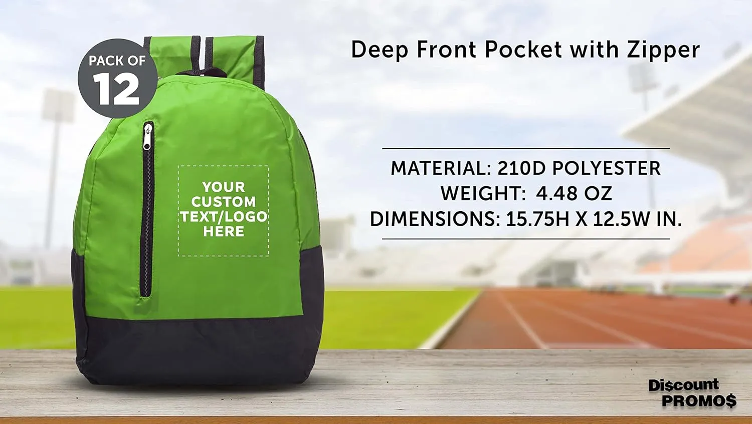 DISCOUNT PROMOS 12 Quick Zip Backpacks Set - Customizable Text, Logo - Polyester, Unique features, Front Pocket, Vibrant - Green