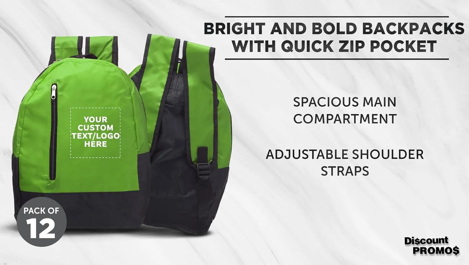 DISCOUNT PROMOS 12 Quick Zip Backpacks Set - Customizable Text, Logo - Polyester, Unique features, Front Pocket, Vibrant - Green