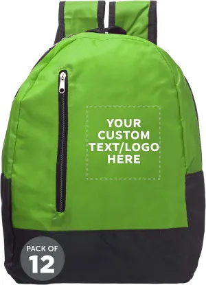 DISCOUNT PROMOS 12 Quick Zip Backpacks Set - Customizable Text, Logo - Polyester, Unique features, Front Pocket, Vibrant - Green