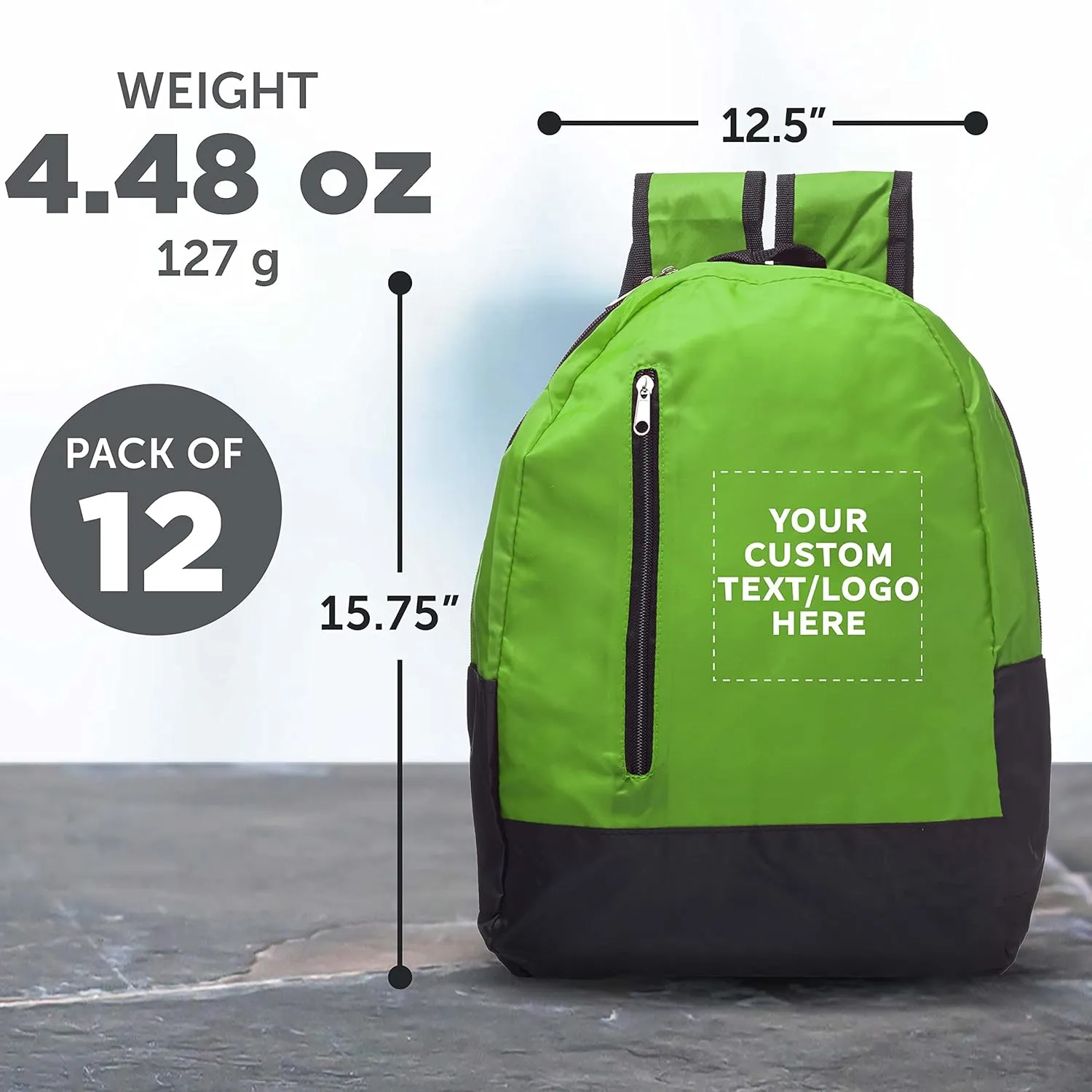 DISCOUNT PROMOS 12 Quick Zip Backpacks Set - Customizable Text, Logo - Polyester, Unique features, Front Pocket, Vibrant - Green
