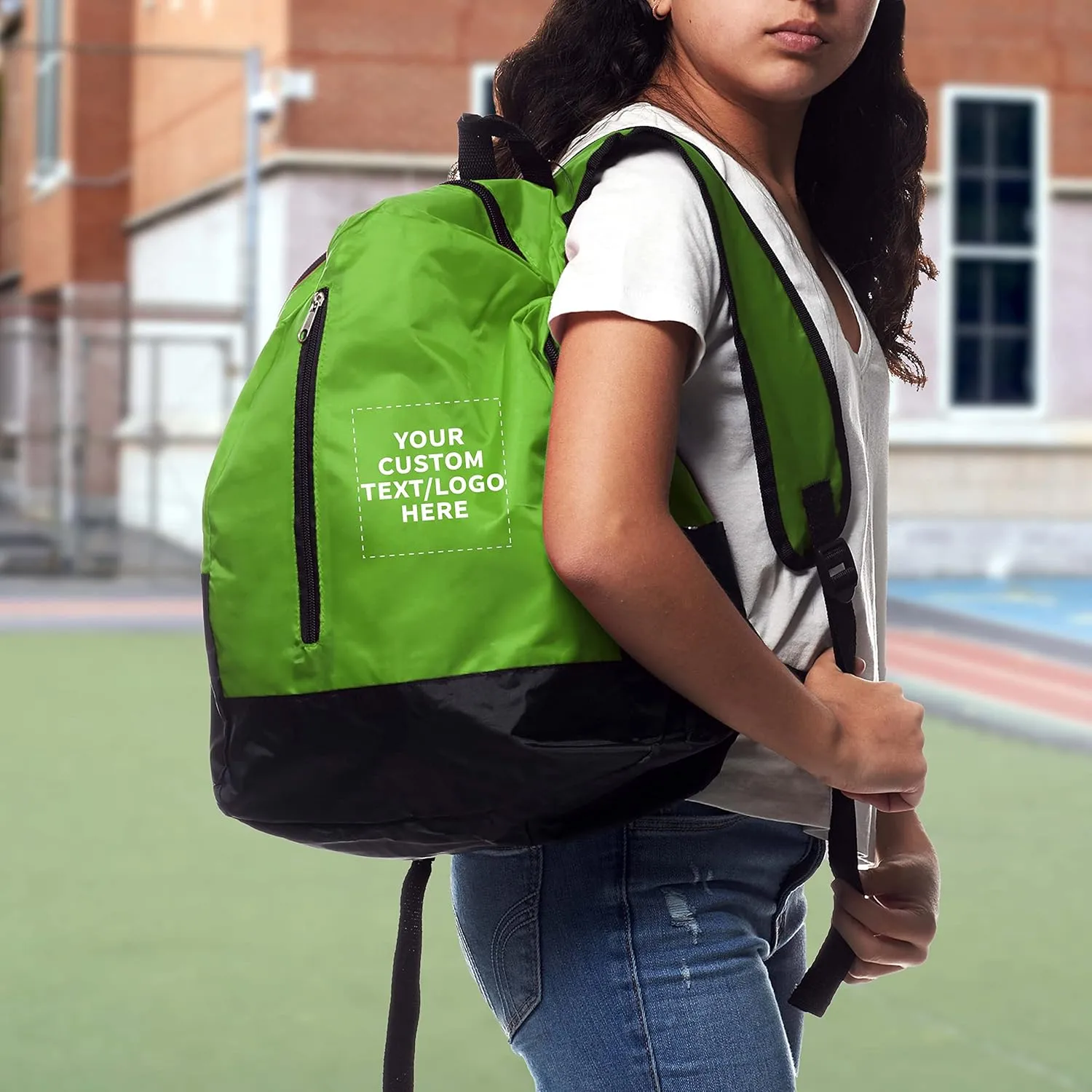 DISCOUNT PROMOS 12 Quick Zip Backpacks Set - Customizable Text, Logo - Polyester, Unique features, Front Pocket, Vibrant - Green