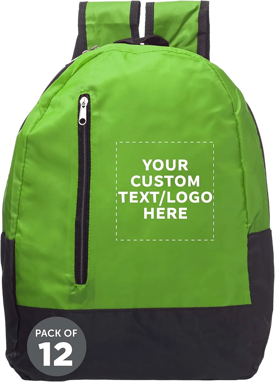 DISCOUNT PROMOS 12 Quick Zip Backpacks Set - Customizable Text, Logo - Polyester, Unique features, Front Pocket, Vibrant - Green