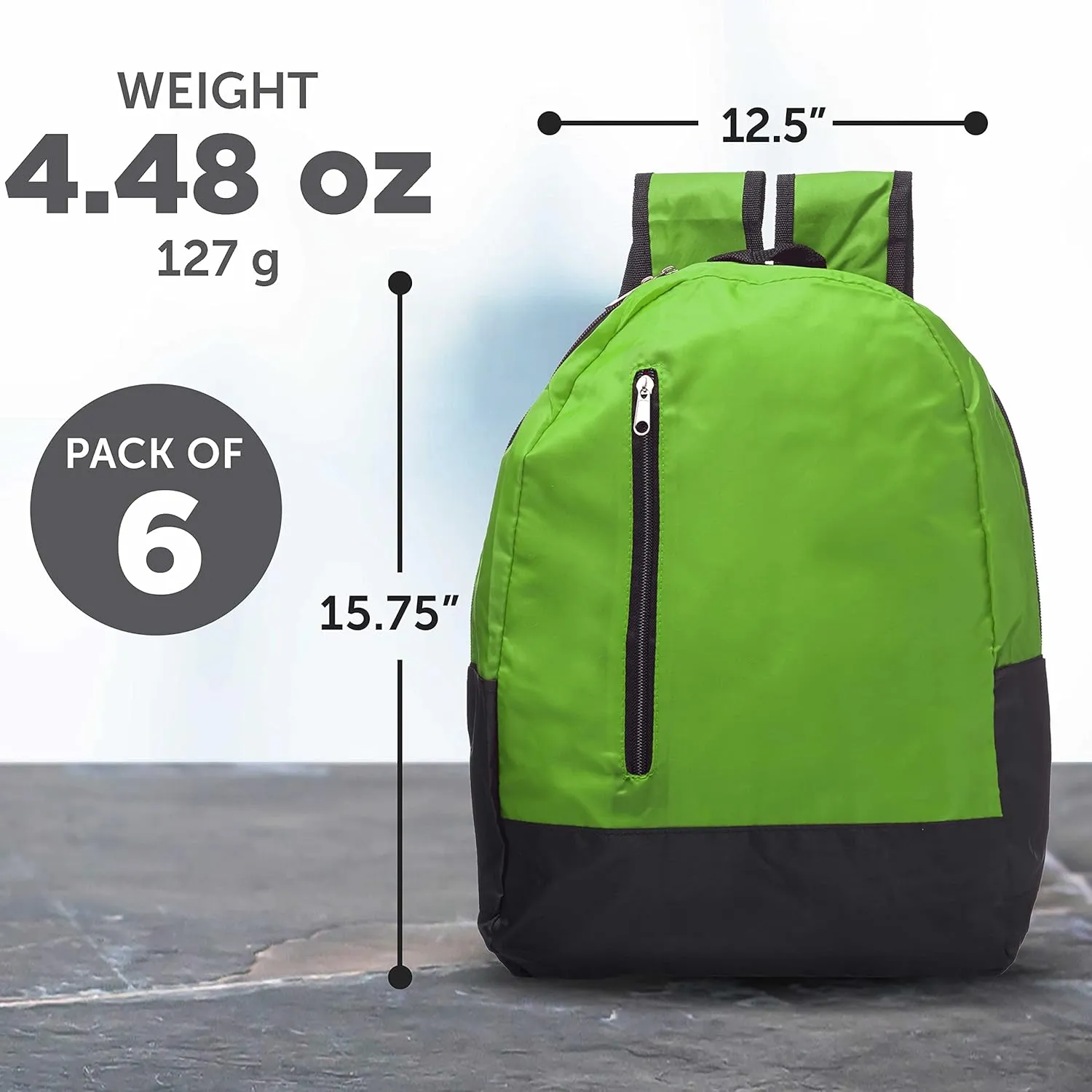 DISCOUNT PROMOS 6 Quick Zip Backpacks Set - Polyester, Unique features, Front Pocket, Vibrant - Green