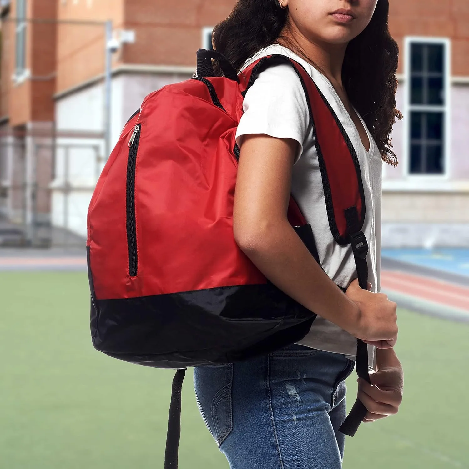 DISCOUNT PROMOS 6 Quick Zip Backpacks Set - Polyester, Unique features, Front Pocket, Vibrant - Red