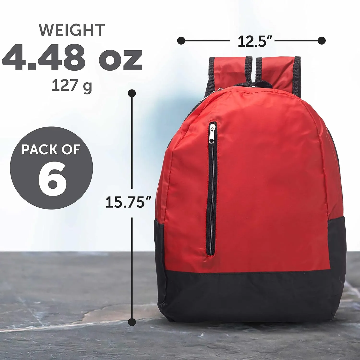 DISCOUNT PROMOS 6 Quick Zip Backpacks Set - Polyester, Unique features, Front Pocket, Vibrant - Red