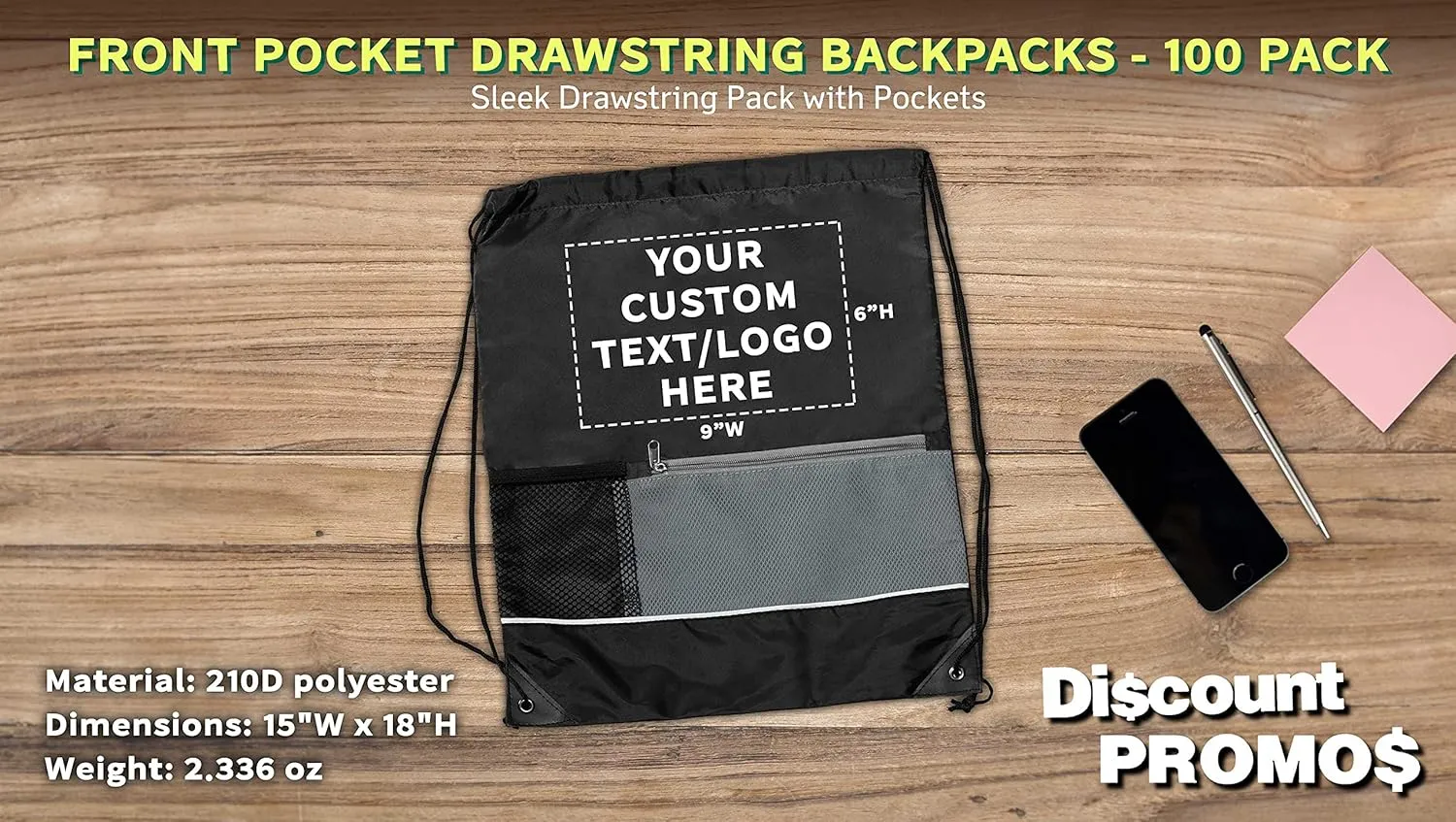 DISCOUNT PROMOS Custom Front Pocket Drawstring Backpacks Set of 100, Personalized Bulk Pack - Reusable Bags, Lightweight Backpacks, Sports Drawstring Bags, Promotional Drawstring Bags - Black
