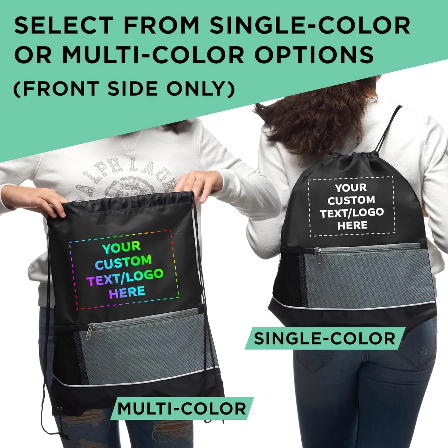 DISCOUNT PROMOS Custom Front Pocket Drawstring Backpacks Set of 100, Personalized Bulk Pack - Reusable Bags, Lightweight Backpacks, Sports Drawstring Bags, Promotional Drawstring Bags - Black