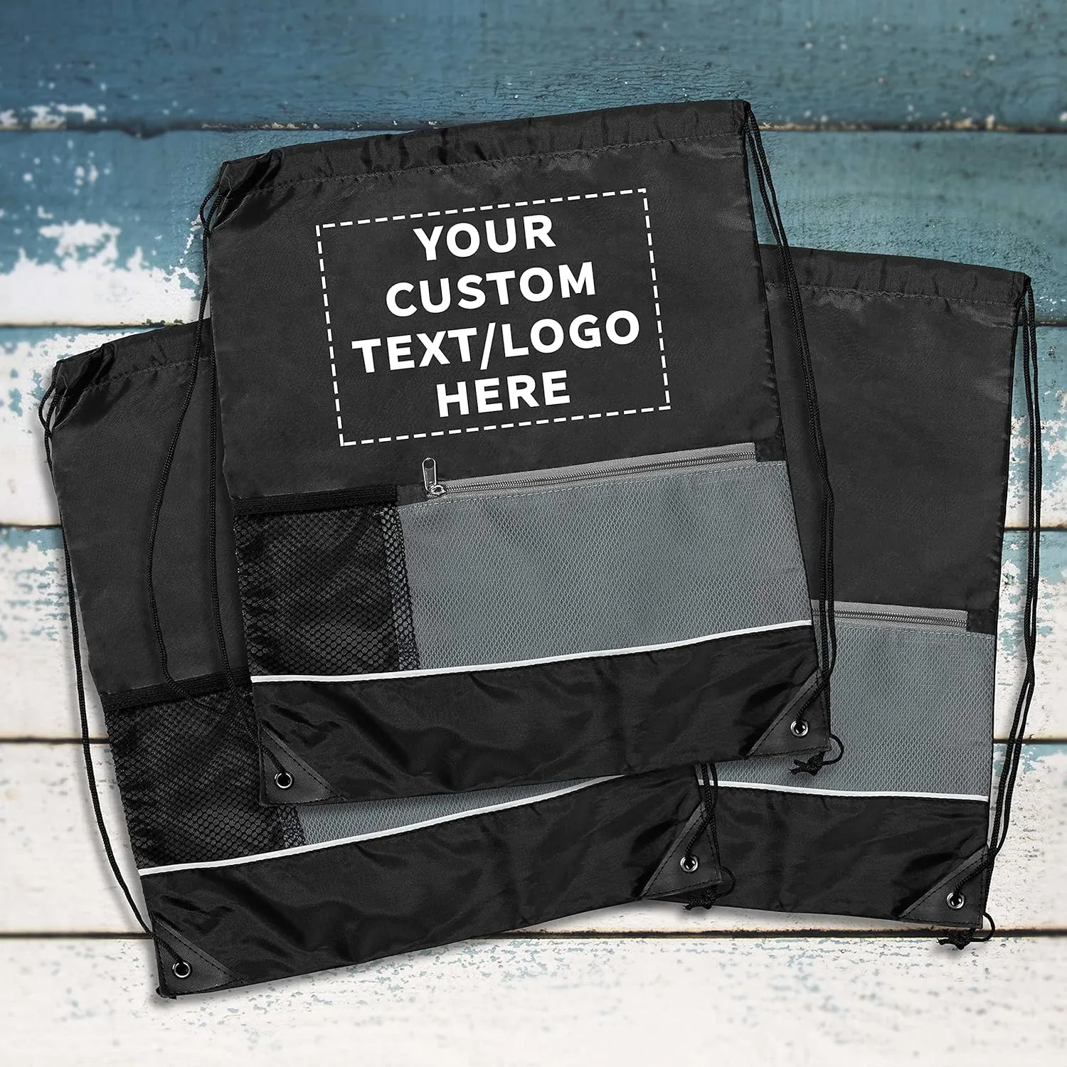 DISCOUNT PROMOS Custom Front Pocket Drawstring Backpacks Set of 100, Personalized Bulk Pack - Reusable Bags, Lightweight Backpacks, Sports Drawstring Bags, Promotional Drawstring Bags - Black