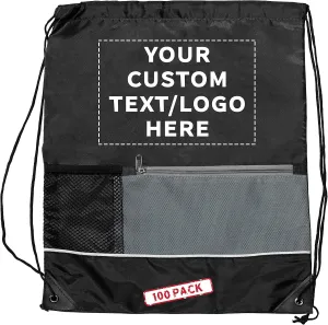 DISCOUNT PROMOS Custom Front Pocket Drawstring Backpacks Set of 100, Personalized Bulk Pack - Reusable Bags, Lightweight Backpacks, Sports Drawstring Bags, Promotional Drawstring Bags - Black