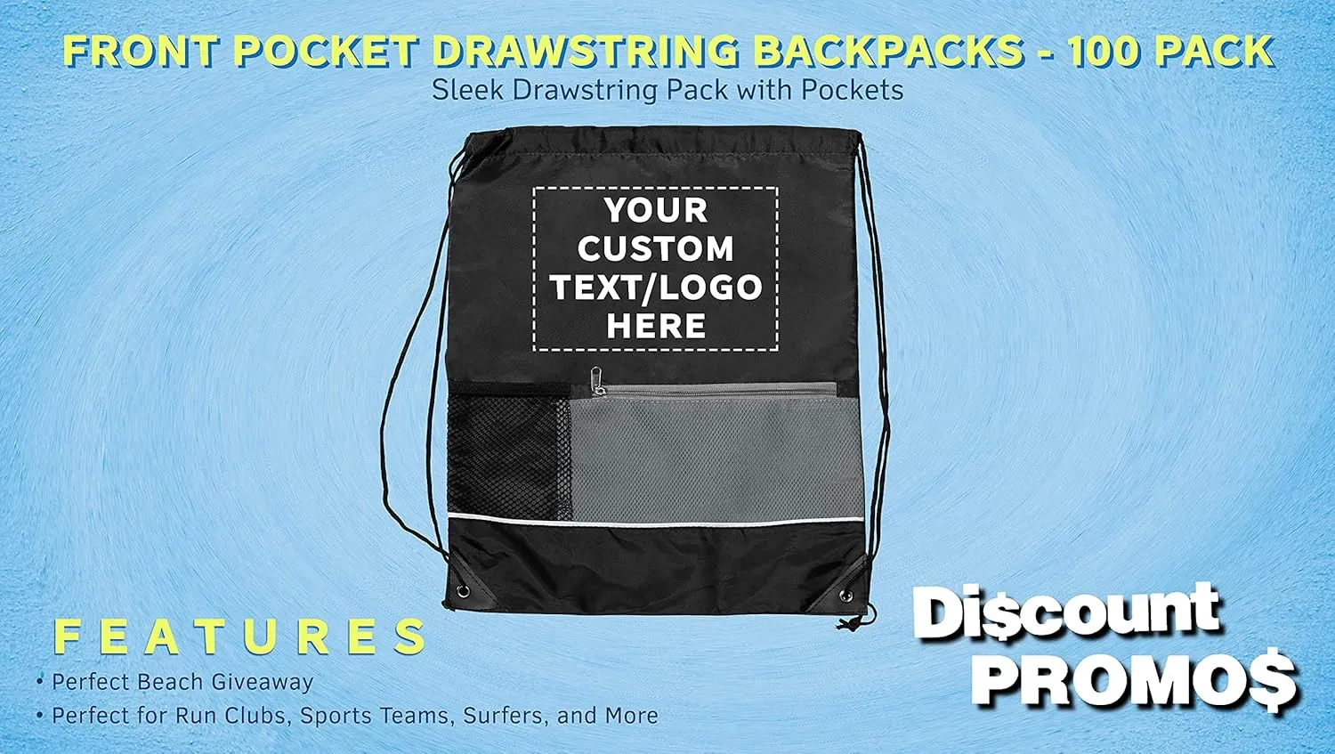 DISCOUNT PROMOS Custom Front Pocket Drawstring Backpacks Set of 100, Personalized Bulk Pack - Reusable Bags, Lightweight Backpacks, Sports Drawstring Bags, Promotional Drawstring Bags - Black