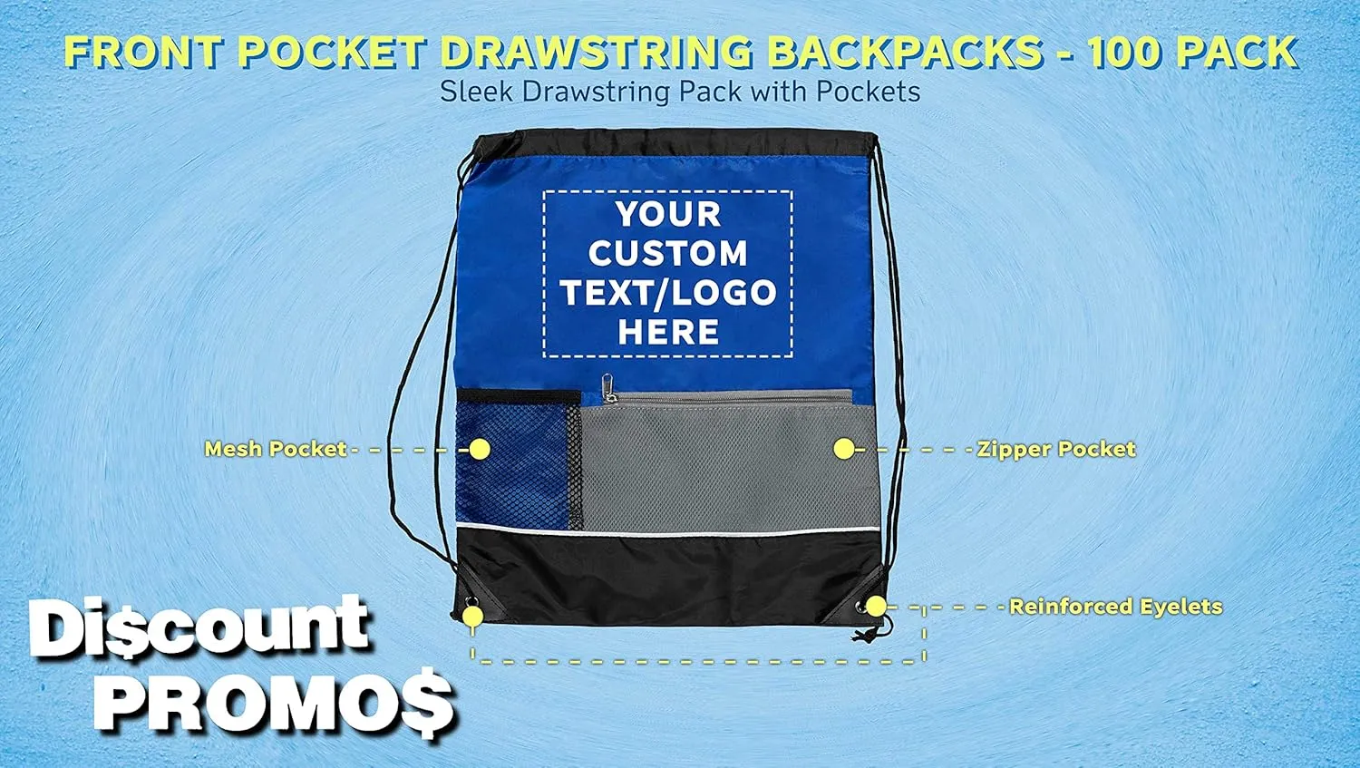 DISCOUNT PROMOS Custom Front Pocket Drawstring Backpacks Set of 100, Personalized Bulk Pack - Reusable Bags, Lightweight Backpacks, Sports Drawstring Bags, Promotional Drawstring Bags - Blue