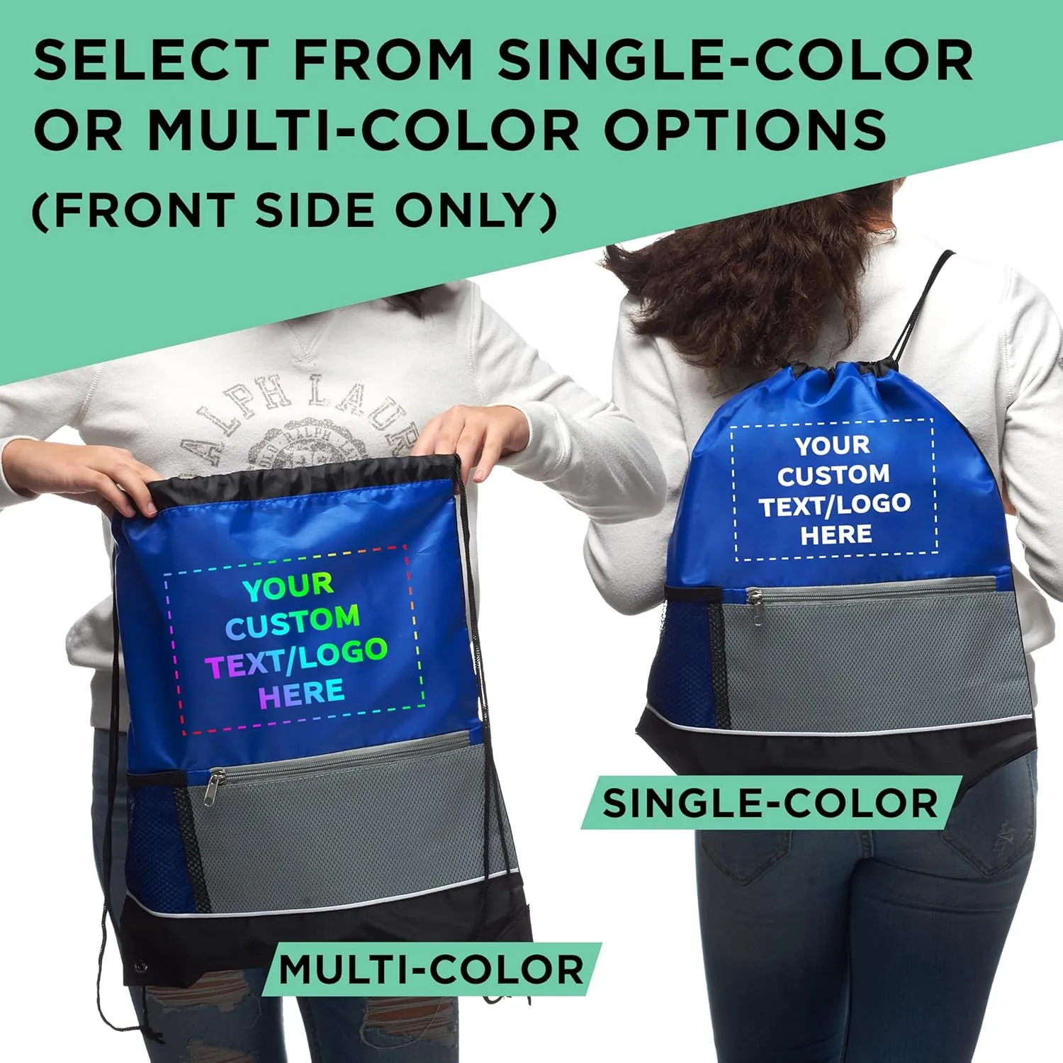 DISCOUNT PROMOS Custom Front Pocket Drawstring Backpacks Set of 100, Personalized Bulk Pack - Reusable Bags, Lightweight Backpacks, Sports Drawstring Bags, Promotional Drawstring Bags - Blue
