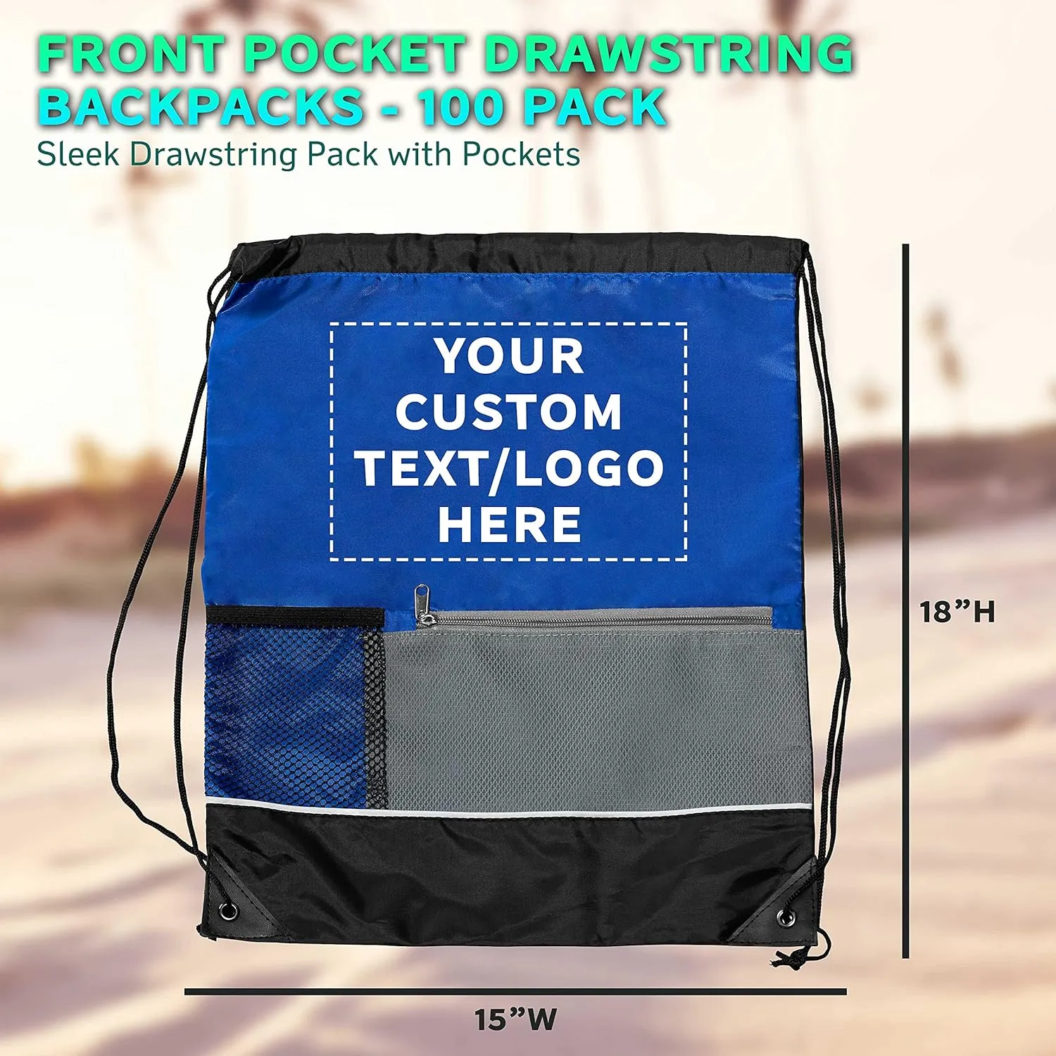 DISCOUNT PROMOS Custom Front Pocket Drawstring Backpacks Set of 100, Personalized Bulk Pack - Reusable Bags, Lightweight Backpacks, Sports Drawstring Bags, Promotional Drawstring Bags - Blue