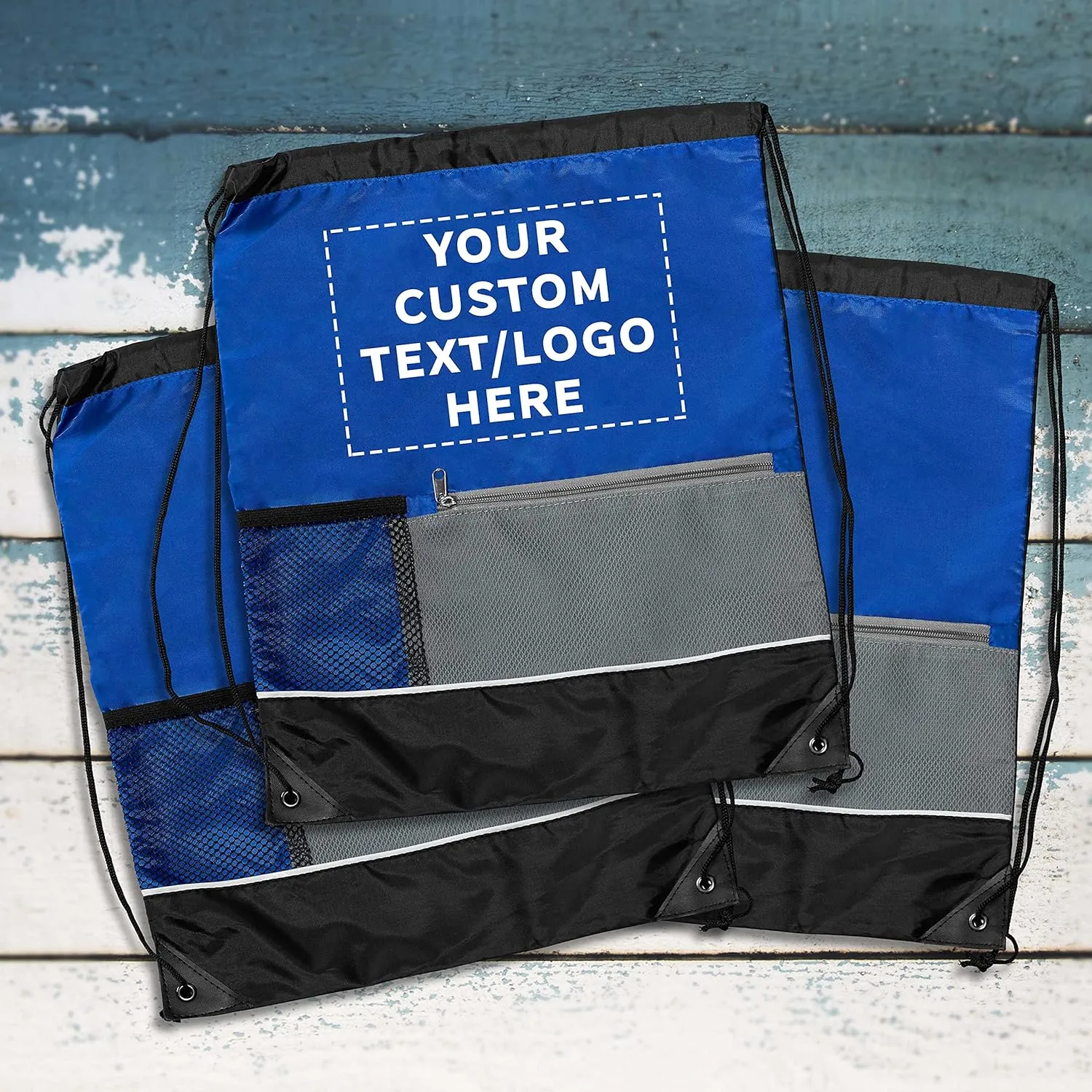 DISCOUNT PROMOS Custom Front Pocket Drawstring Backpacks Set of 100, Personalized Bulk Pack - Reusable Bags, Lightweight Backpacks, Sports Drawstring Bags, Promotional Drawstring Bags - Blue