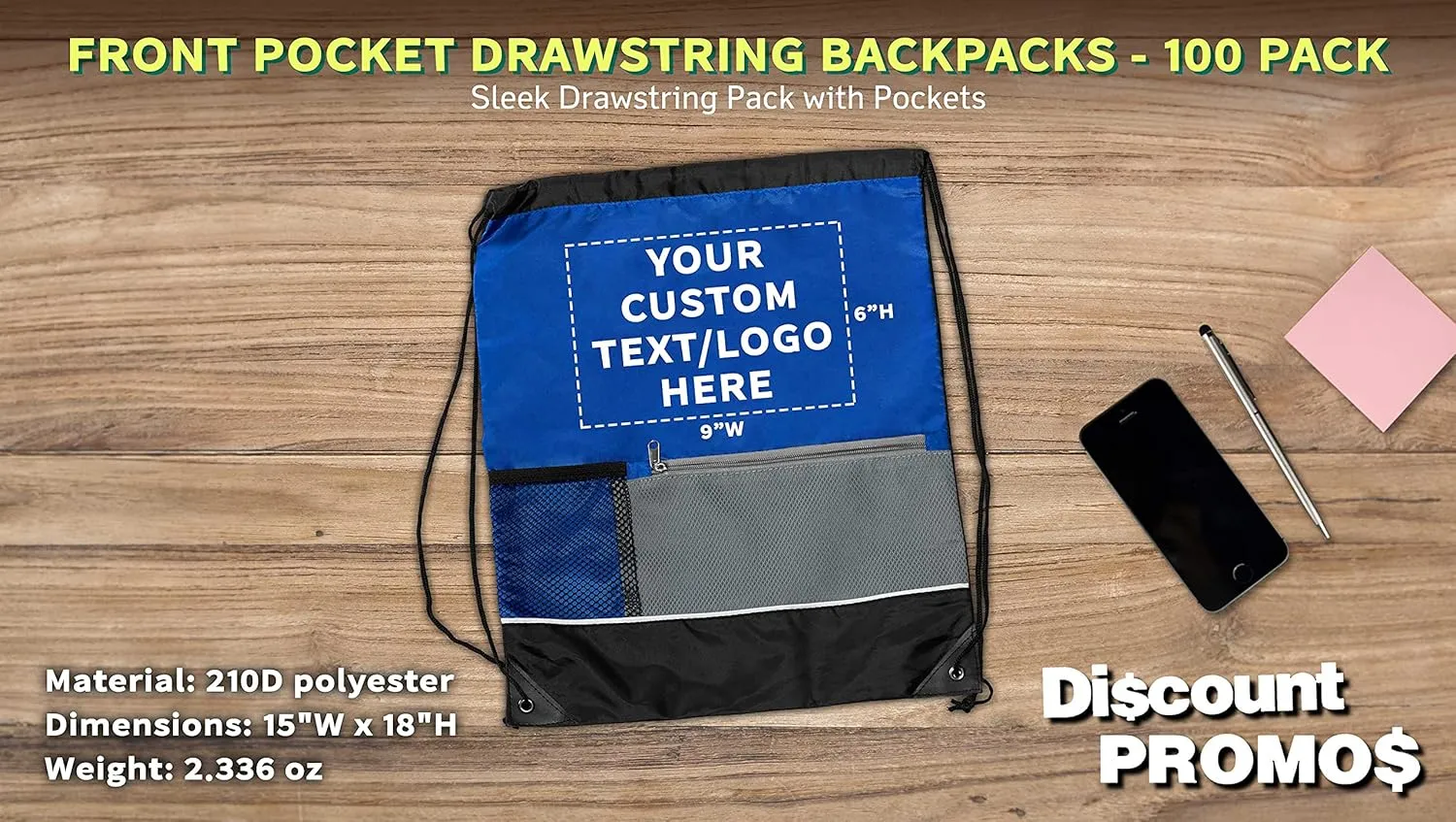 DISCOUNT PROMOS Custom Front Pocket Drawstring Backpacks Set of 100, Personalized Bulk Pack - Reusable Bags, Lightweight Backpacks, Sports Drawstring Bags, Promotional Drawstring Bags - Blue