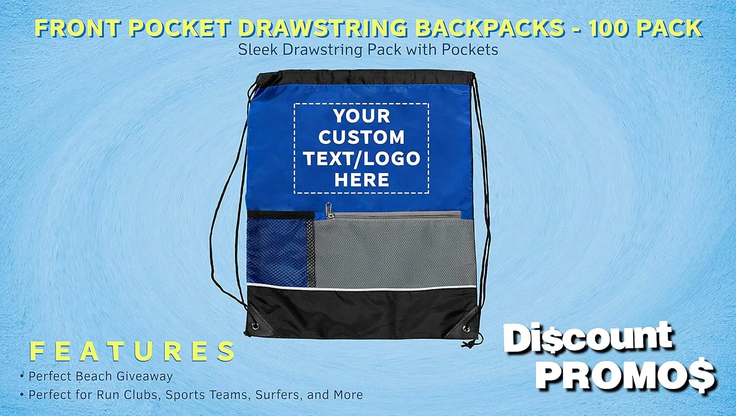 DISCOUNT PROMOS Custom Front Pocket Drawstring Backpacks Set of 100, Personalized Bulk Pack - Reusable Bags, Lightweight Backpacks, Sports Drawstring Bags, Promotional Drawstring Bags - Blue