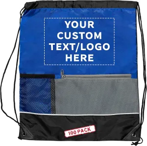 DISCOUNT PROMOS Custom Front Pocket Drawstring Backpacks Set of 100, Personalized Bulk Pack - Reusable Bags, Lightweight Backpacks, Sports Drawstring Bags, Promotional Drawstring Bags - Blue