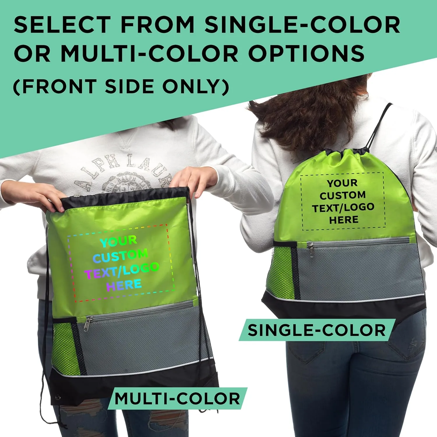 DISCOUNT PROMOS Custom Front Pocket Drawstring Backpacks Set of 100, Personalized Bulk Pack - Reusable Bags, Lightweight Backpacks, Sports Drawstring Bags, Promotional Drawstring Bags - Lime Green