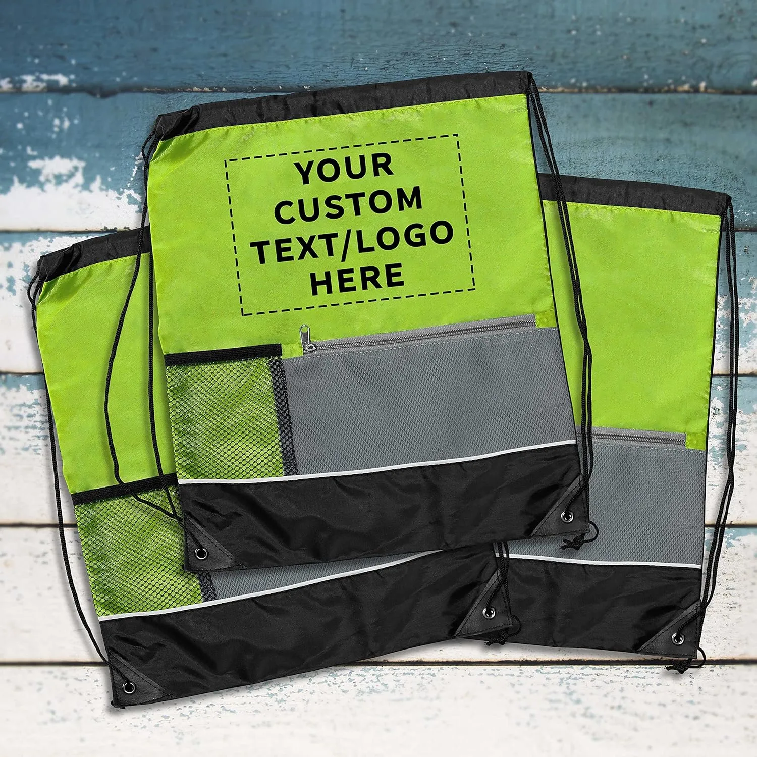 DISCOUNT PROMOS Custom Front Pocket Drawstring Backpacks Set of 100, Personalized Bulk Pack - Reusable Bags, Lightweight Backpacks, Sports Drawstring Bags, Promotional Drawstring Bags - Lime Green