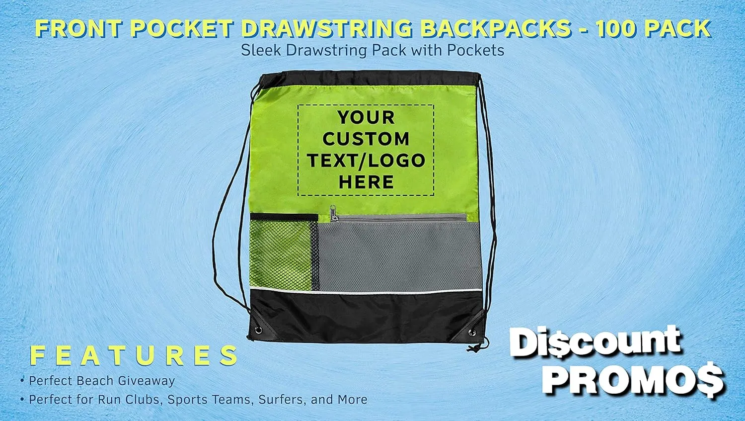 DISCOUNT PROMOS Custom Front Pocket Drawstring Backpacks Set of 100, Personalized Bulk Pack - Reusable Bags, Lightweight Backpacks, Sports Drawstring Bags, Promotional Drawstring Bags - Lime Green
