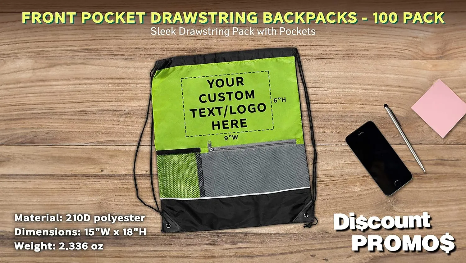 DISCOUNT PROMOS Custom Front Pocket Drawstring Backpacks Set of 100, Personalized Bulk Pack - Reusable Bags, Lightweight Backpacks, Sports Drawstring Bags, Promotional Drawstring Bags - Lime Green